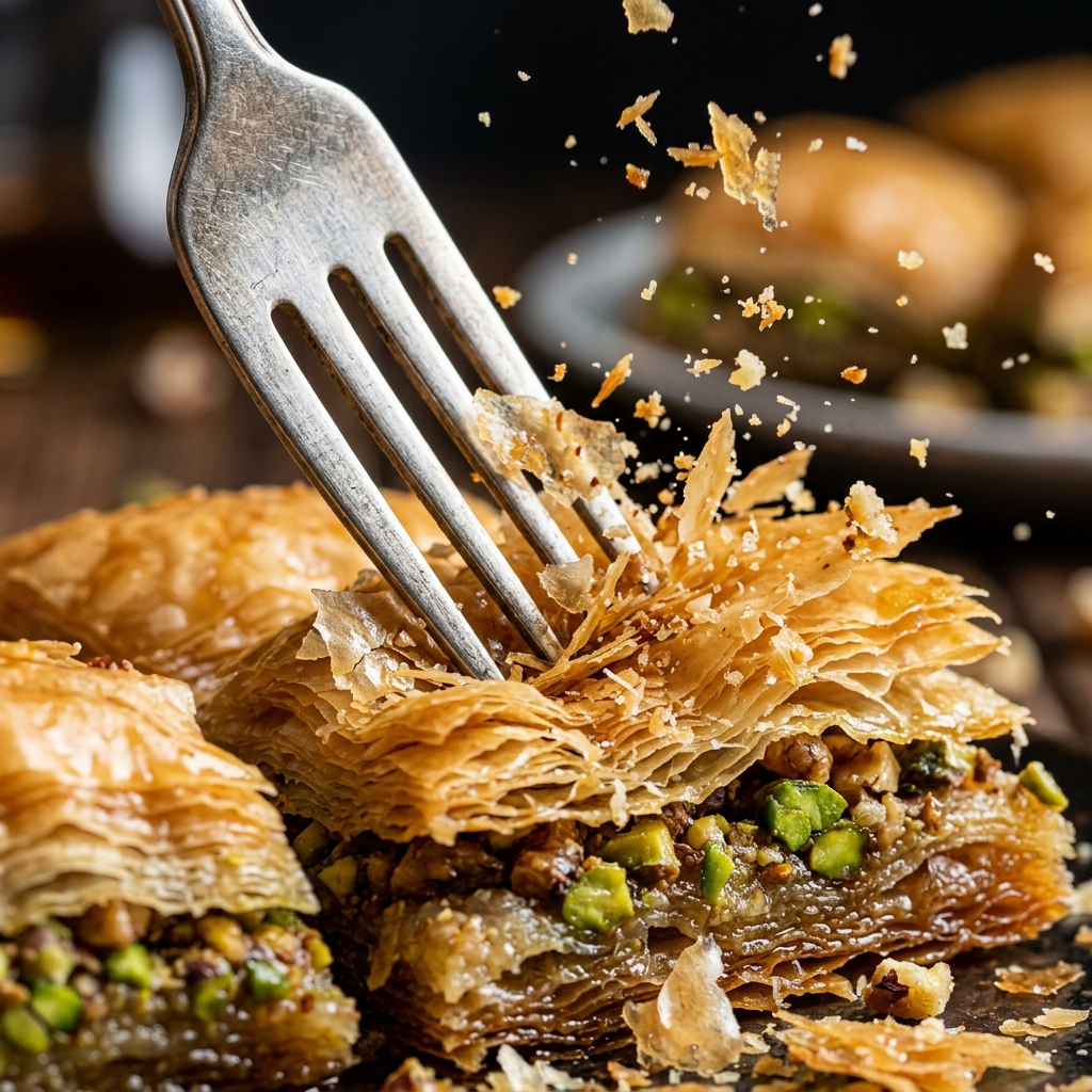 Baklava katmanlarının çıtırlığını gösteren makro çekim.