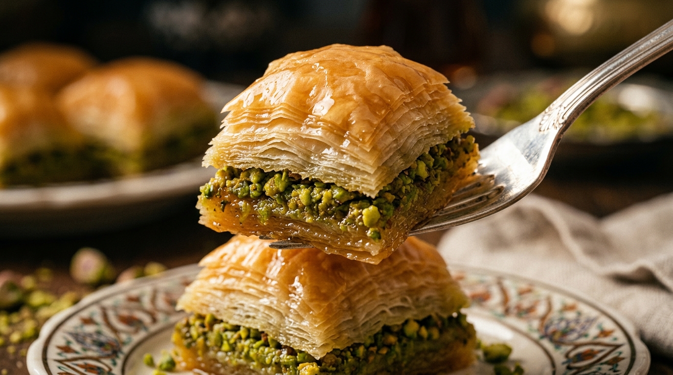 Baklava tadım rehberi için altın sarısı çıtır bir baklava dilimi.