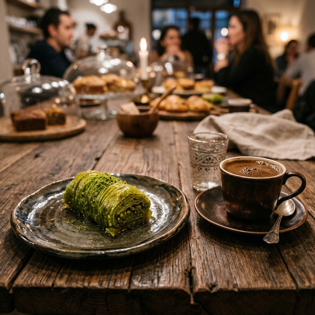 Modern sunumlu fıstık dolama ve Türk kahvesi ikilisi