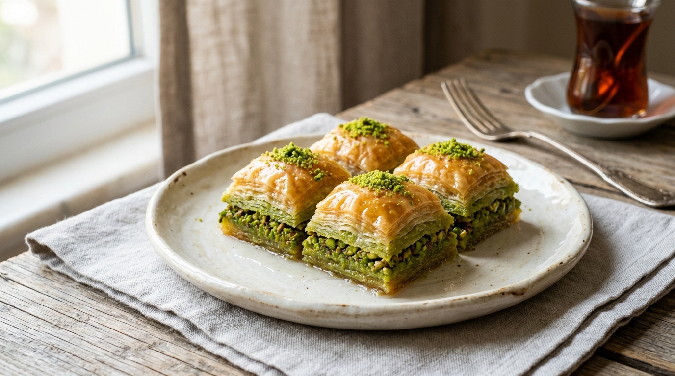 Müslüm Usta fıstıklı Prens baklava tabağında şık sunum