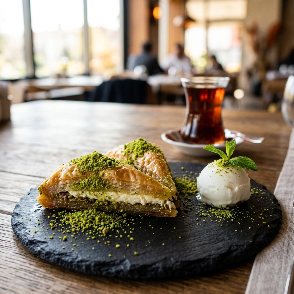 Modern restoran sunumunda dondurma eşliğinde servis edilen gurme şöbiyet tatlısı.