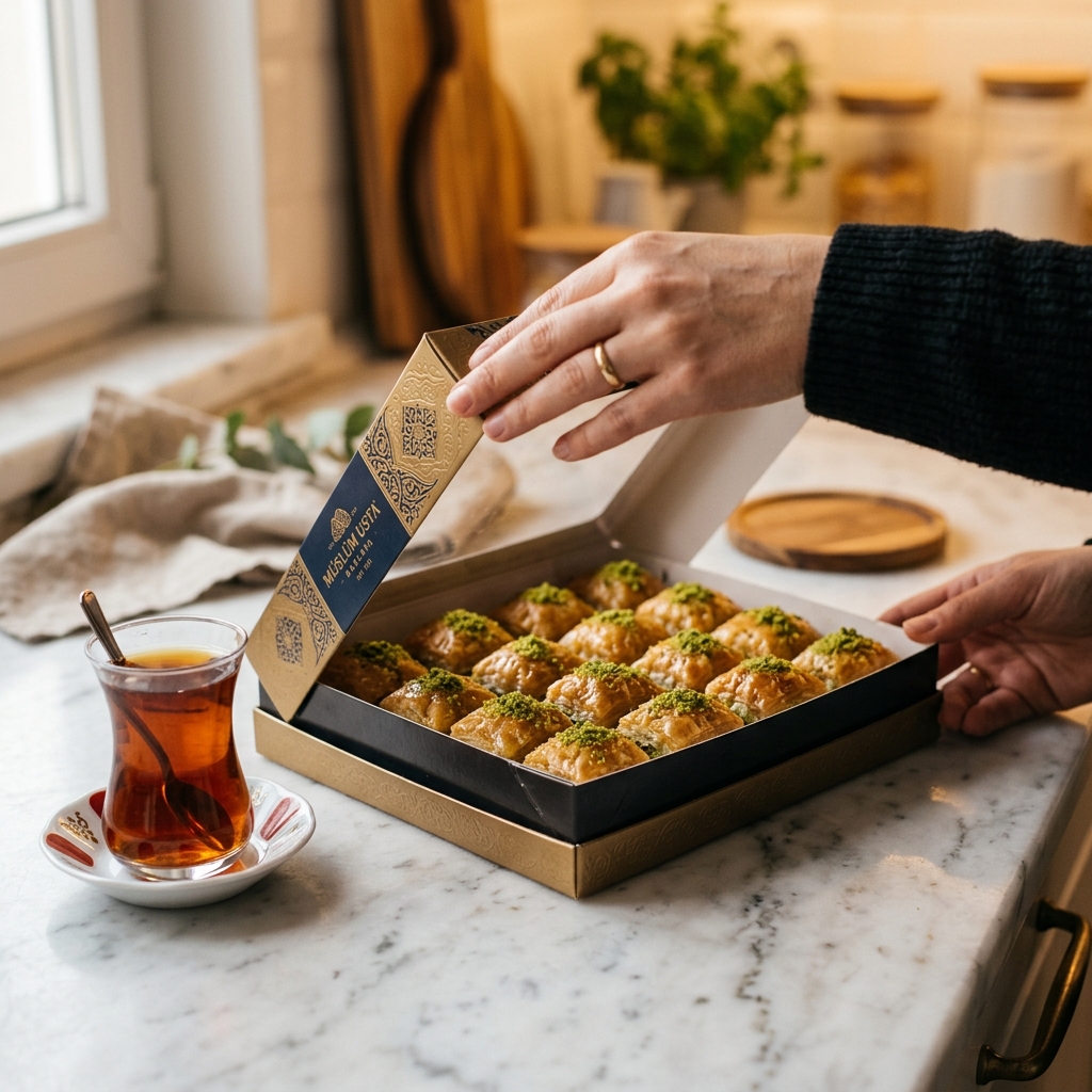 Özel tasarım Müslüm Usta baklava kutusunda Prens baklava ikramı