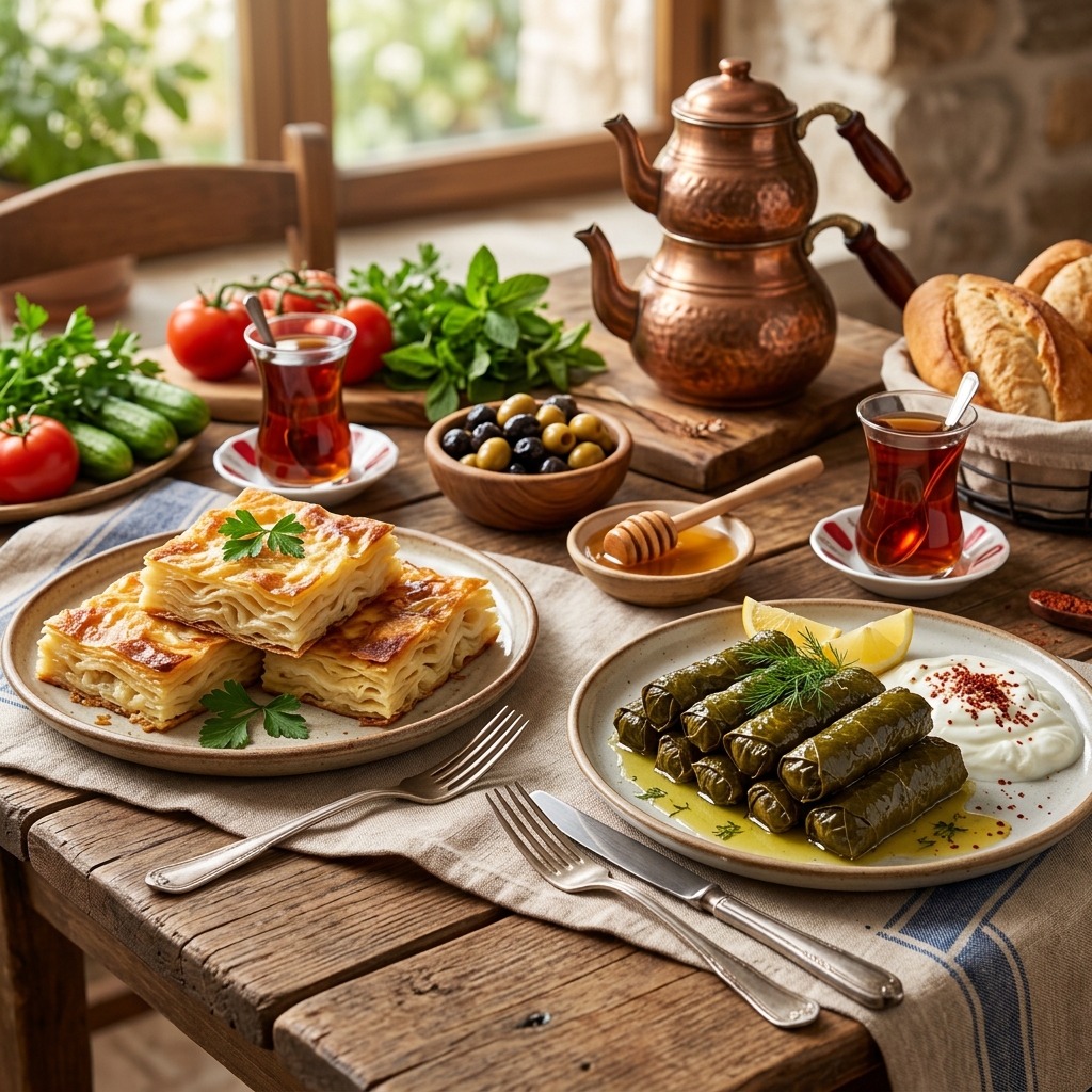 Su böreği ve yaprak sarması servis sunumu