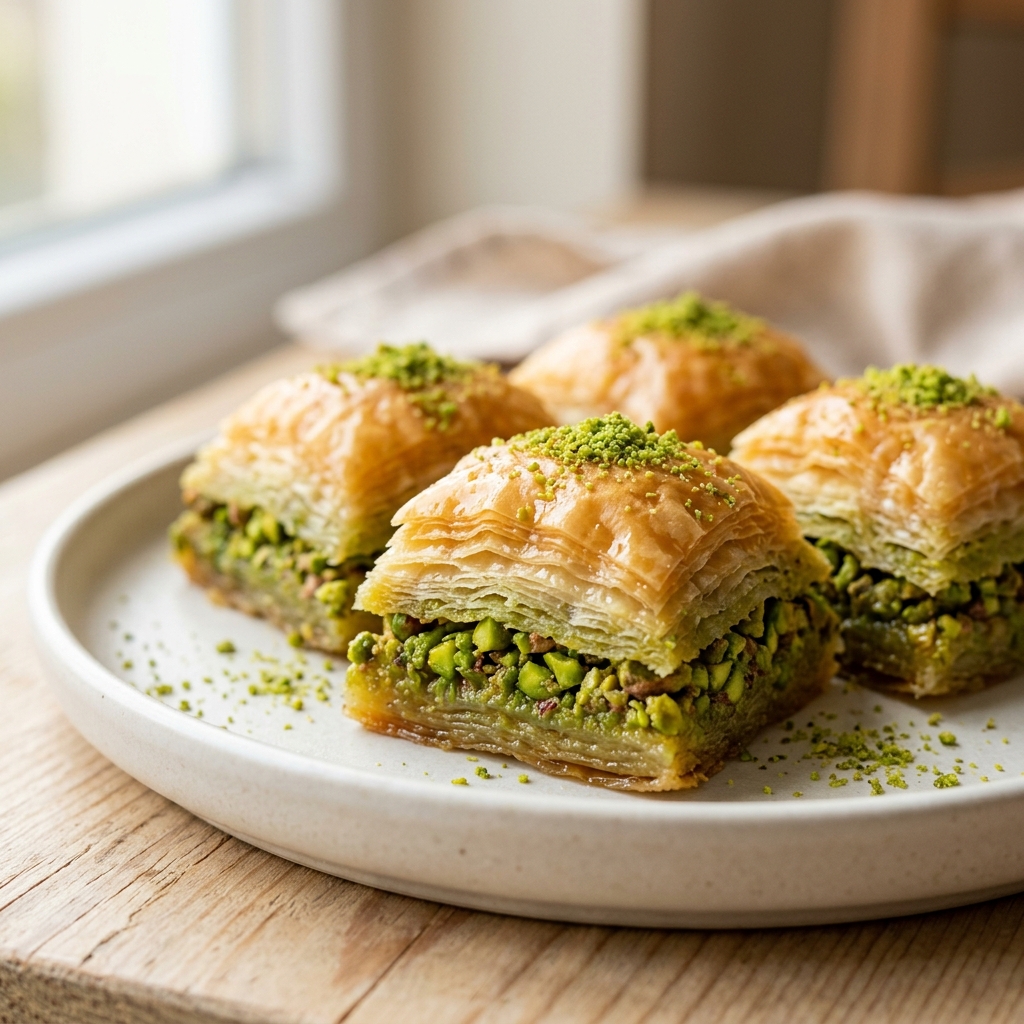 2026 trendi olan fıstıklı prens baklavanın katmanlı ve taze görünümü.