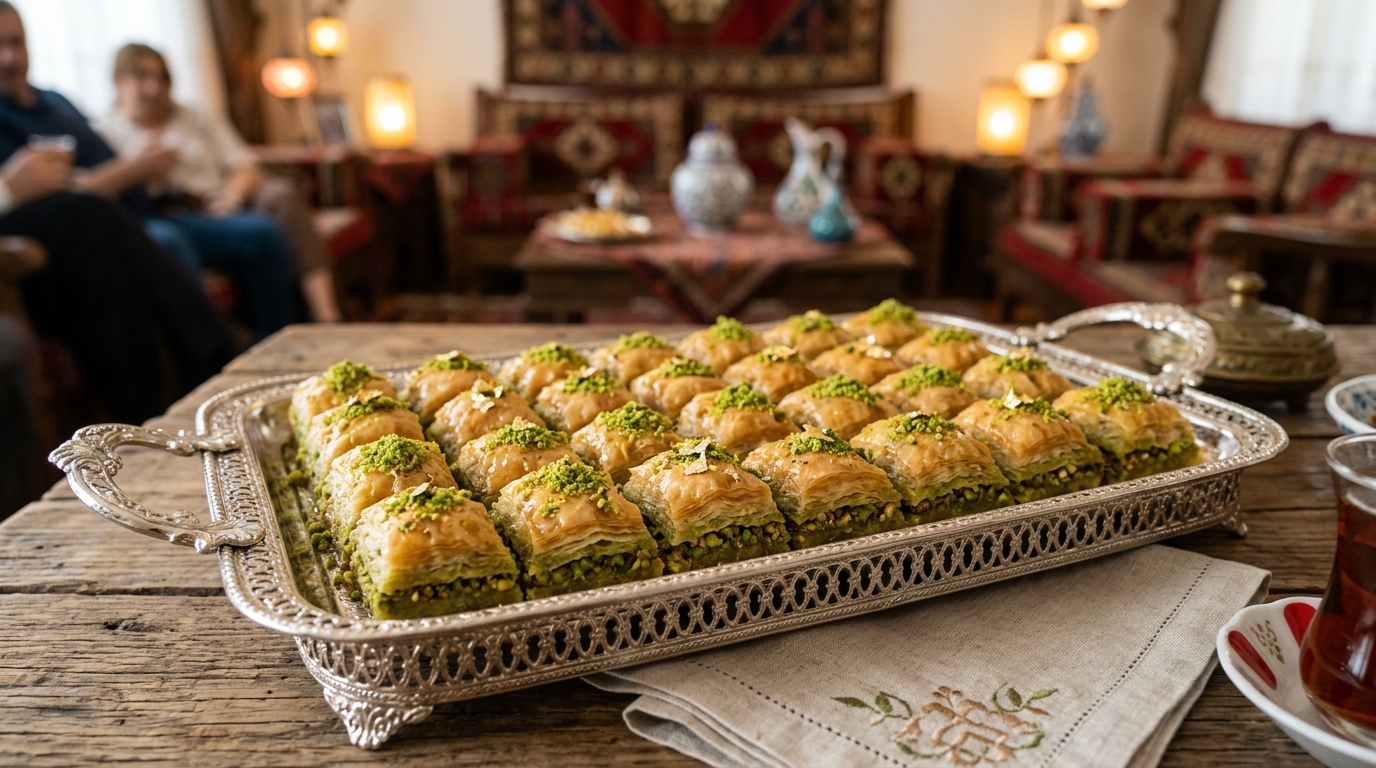 Kız İsteme Baklavası için gümüş tepside sunulan fıstıklı baklava ve altın yaprak detayları.