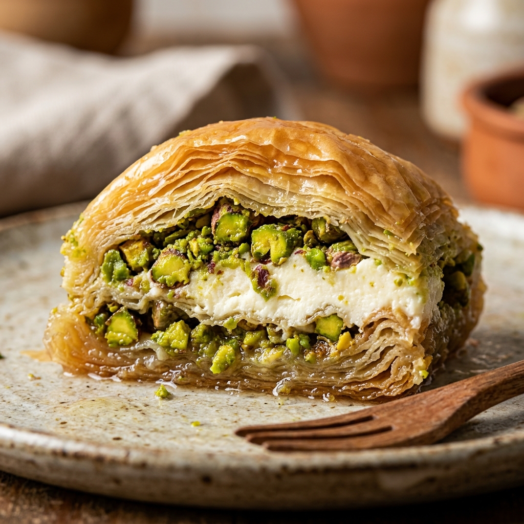 Midye baklava içindeki taze kaymak ve Antep fıstığı dolgusu