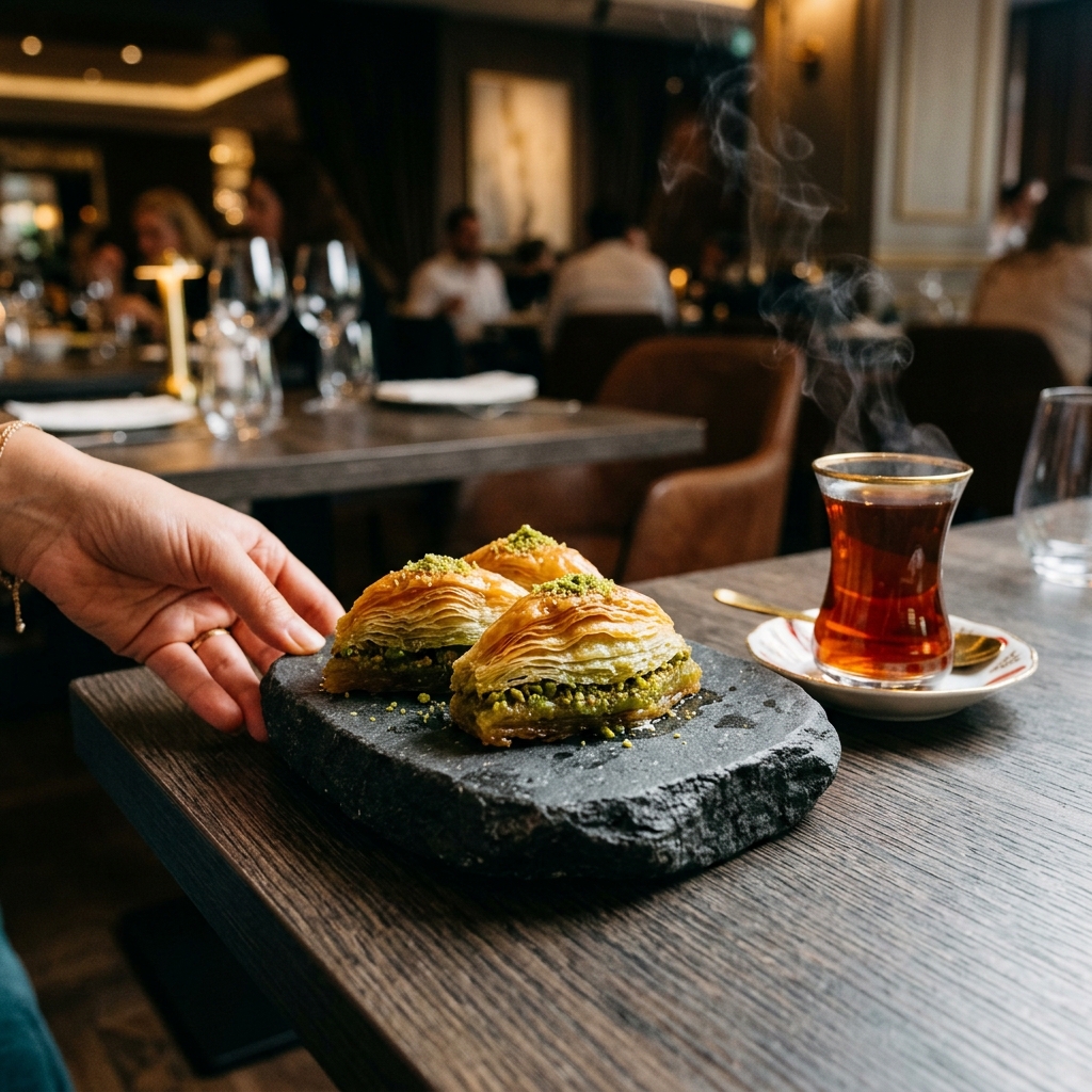 2026 modern midye baklava ve Türk çayı sunumu