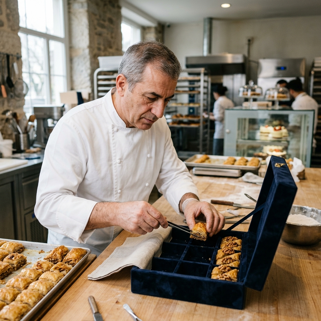 Müslüm Usta atölyesinde kız isteme baklavasının özenle paketlenme süreci.