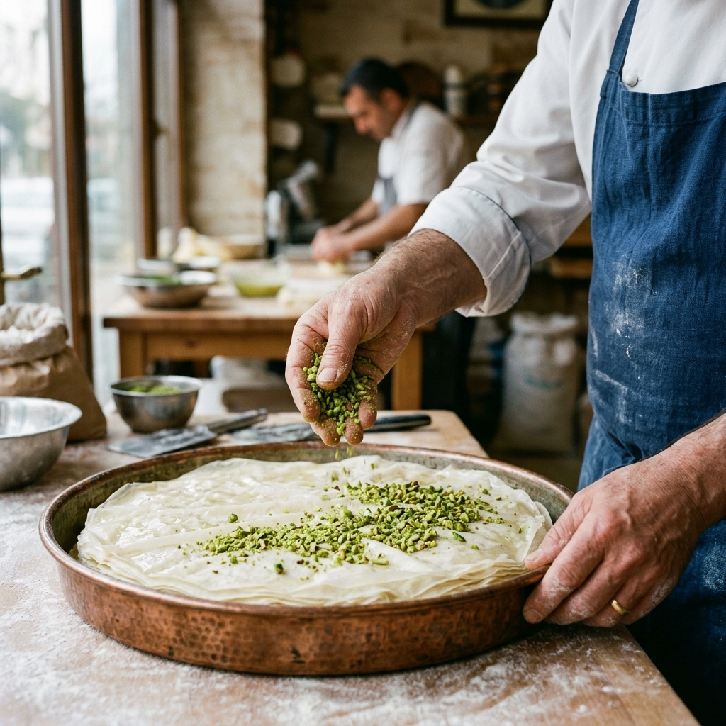 Antep fıstığı serpilen baklava yufkaları üretim aşaması