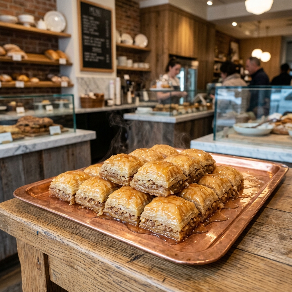 Yeni pişmiş taze kare baklava tepsisi sunumu